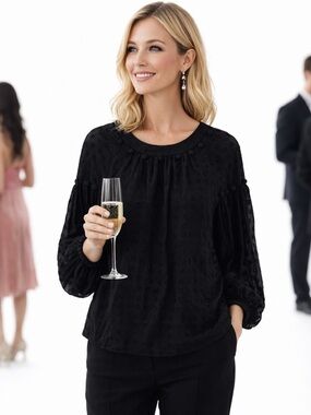 Lela Rose Textured Black Puff-Sleeve Blouse